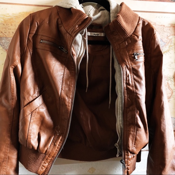 brown jacket with grey hoodie